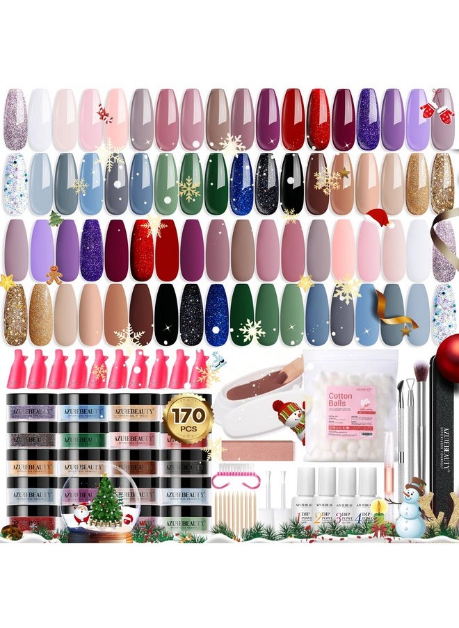 170Pcs Dip Powder Nail Kit, AZUREBEAUTY 36 Colors Christmas Winter Red Glitter Brown Dipping Powder Starter with Top/Base Coat Activator & Removal Accessories Set for French Manicure Salon DIY at Home