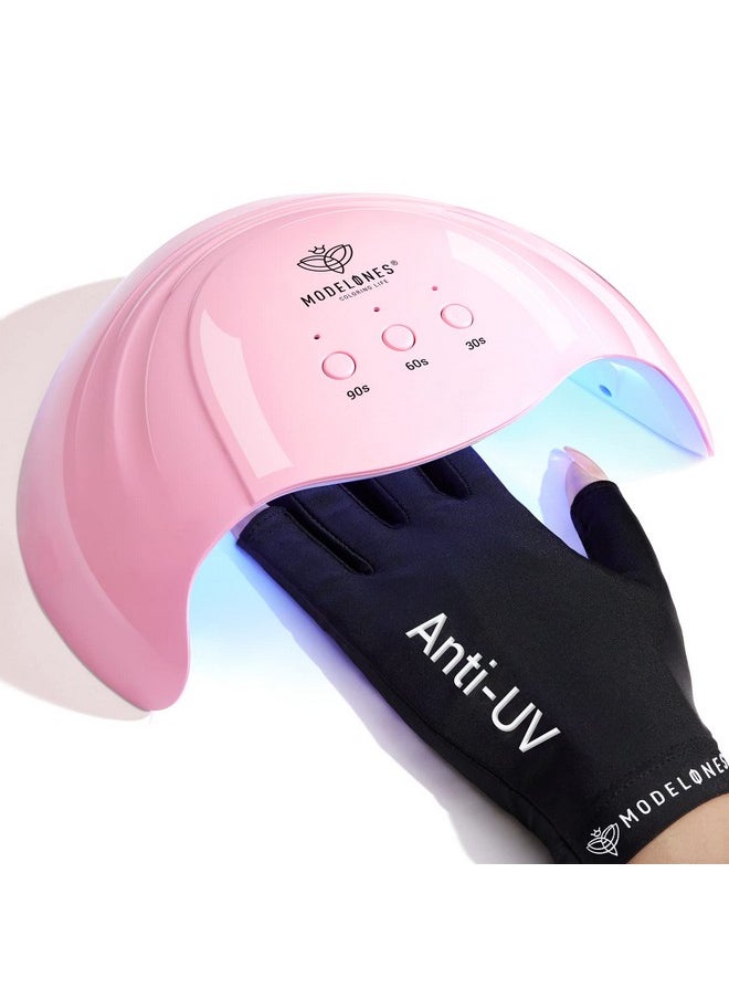 Modelones UV Light for Gel Nails with UV Gloves, 48 W Nail Dryer with 3 Timer Settings, Nail Lamps for Gel Polish, Professional UPF99+ UV Protection Gloves for Nail Art Manicure