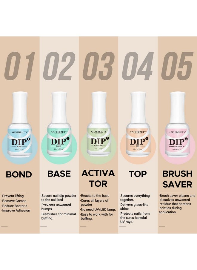 AZUREBEAUTY 5+3 Pcs Dip Powder Liquid Set - 15ml/0.5oz Large Capacity Dipping Powder Base & Top, Bond, Activator, Brush Saver for Dip Powder Nail Kit Salon Home No Nail Lamp Needed