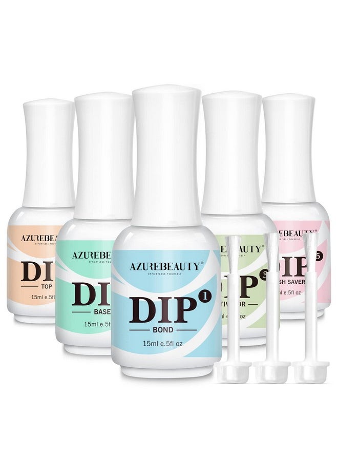 AZUREBEAUTY 5+3 Pcs Dip Powder Liquid Set - 15ml/0.5oz Large Capacity Dipping Powder Base & Top, Bond, Activator, Brush Saver for Dip Powder Nail Kit Salon Home No Nail Lamp Needed
