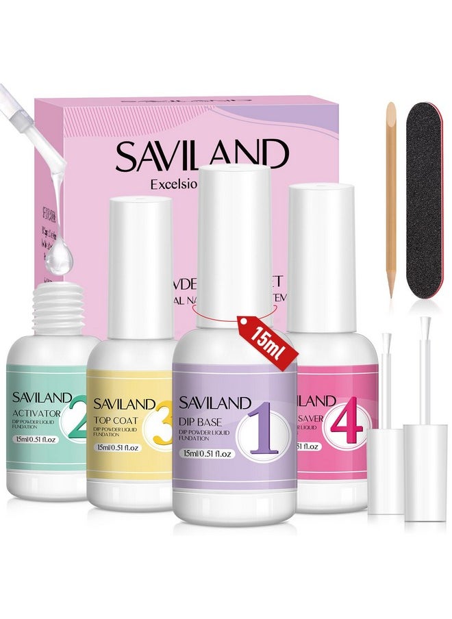 SAVILAND Dip Powder Liquid Set: 4 Pcs Nail Dip Liquid Set with Dip Powder Base Activator Top Coat and Brush Saver 15 ml/0.5 Fl.oz Dipping Nail Liquid Set for Dip Powder Nail Kit Home DIY Salon Art
