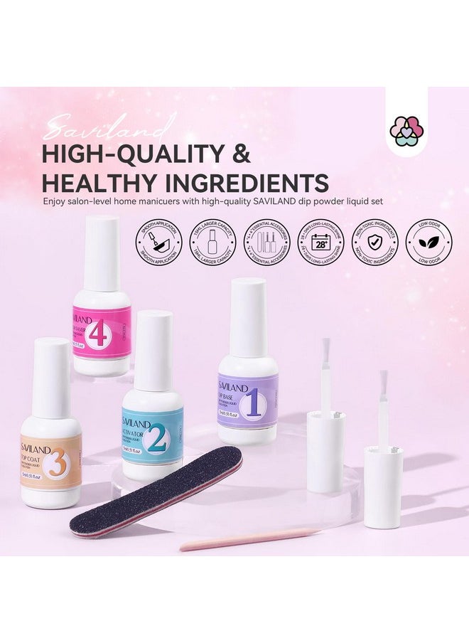 SAVILAND Dip Powder Liquid Set: 4 Pcs Nail Dip Liquid Set with Dip Powder Base Activator Top Coat and Brush Saver 15 ml/0.5 Fl.oz Dipping Nail Liquid Set for Dip Powder Nail Kit Home DIY Salon Art