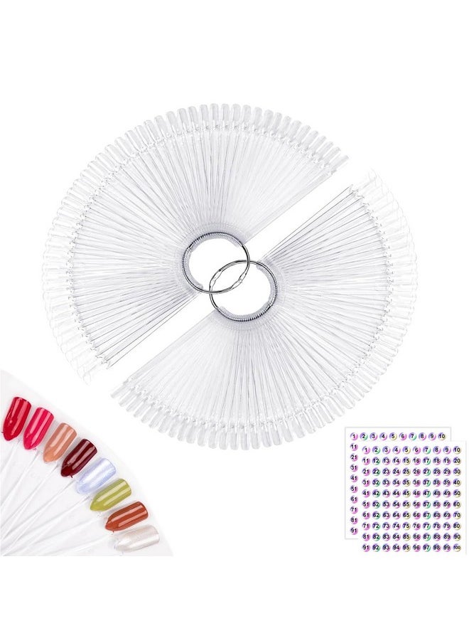 Subay 100pcs Fan-shaped Nail Swatches Sticks with Number Stickers, False Fake Nail Art Tips Sticks Polish Gel Salon Display Practice Tools with Metal Split Ring Holder