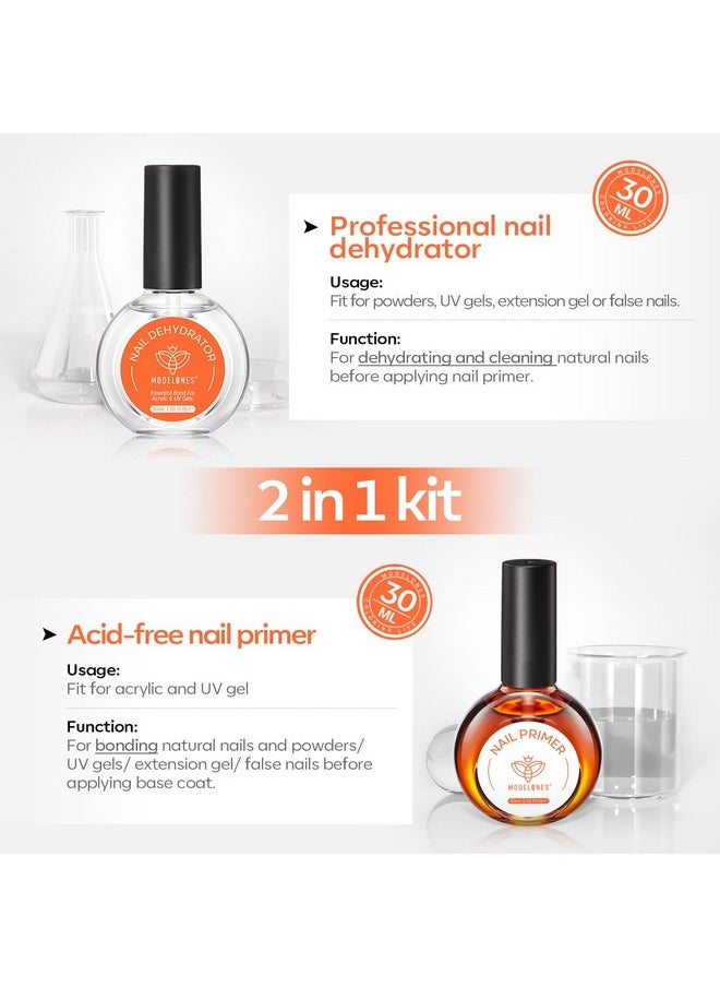 modelones 30 ml Nail Dehydrator and Primer, Acid Free Natural Nail Prep Dehydrate & Bond Primer Kit, Hema-Free Acrylic Nail Supplies Primer Top Coat