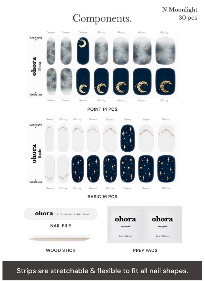 ohora Semi Cured Gel Nail Strips (N Moonlight) - Dark, Patterned, Works with Any UV/LED Nail Lamps, Salon-Quality, Long Lasting, Easy to Apply & Remove - Includes 2 Prep Pads, Nail File & Wooden Stick