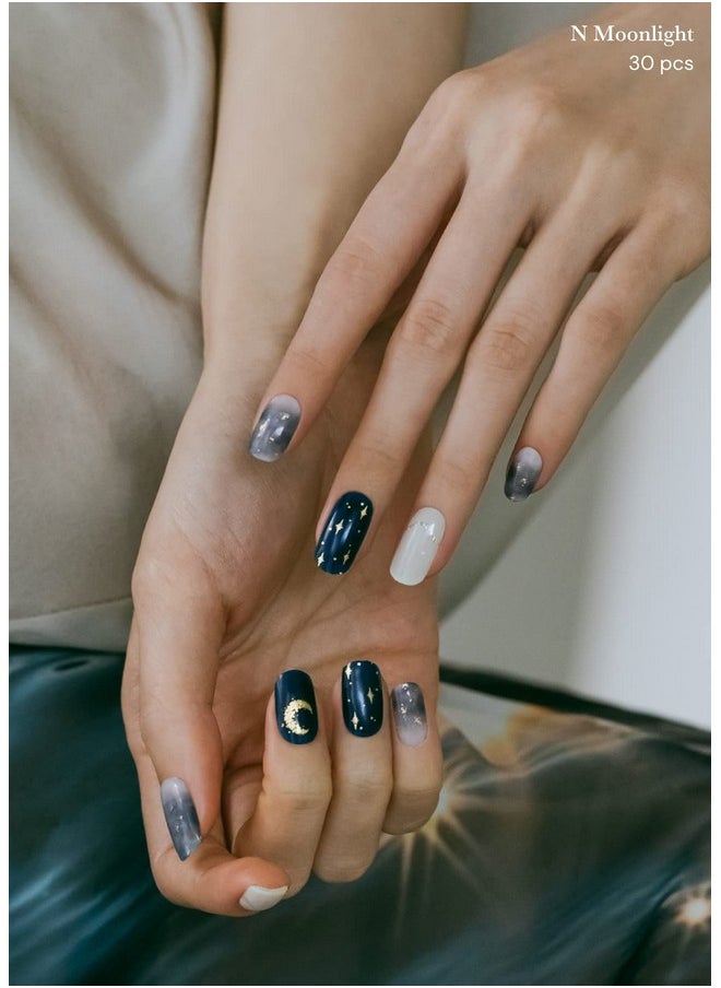 ohora Semi Cured Gel Nail Strips (N Moonlight) - Dark, Patterned, Works with Any UV/LED Nail Lamps, Salon-Quality, Long Lasting, Easy to Apply & Remove - Includes 2 Prep Pads, Nail File & Wooden Stick