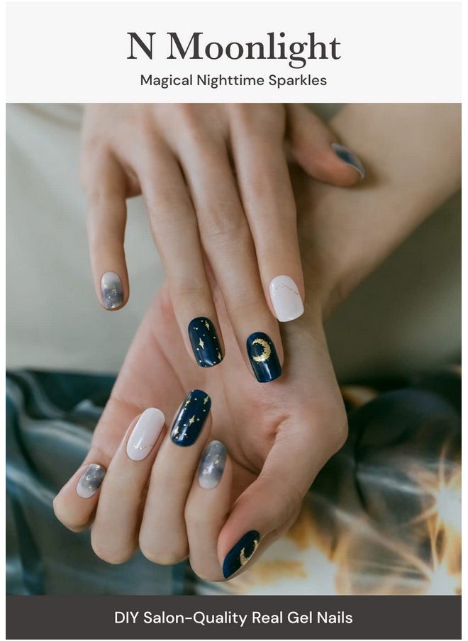 ohora Semi Cured Gel Nail Strips (N Moonlight) - Dark, Patterned, Works with Any UV/LED Nail Lamps, Salon-Quality, Long Lasting, Easy to Apply & Remove - Includes 2 Prep Pads, Nail File & Wooden Stick