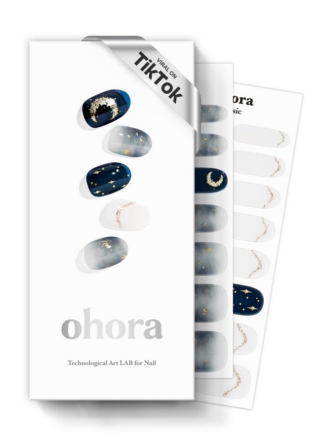 ohora Semi Cured Gel Nail Strips (N Moonlight) - Dark, Patterned, Works with Any UV/LED Nail Lamps, Salon-Quality, Long Lasting, Easy to Apply & Remove - Includes 2 Prep Pads, Nail File & Wooden Stick