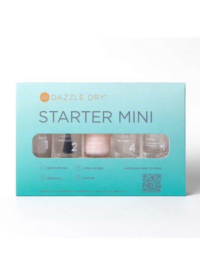 Dazzle Dry Complete Starter Mini Kit | Step 1 - Nail Prep, Step 2 - Base Coat, Step 4 - Top Coat, Transform - Ridge Filler & Revive - Polish & Top Coat Thinner.
