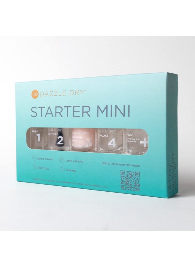 Dazzle Dry Complete Starter Mini Kit | Step 1 - Nail Prep, Step 2 - Base Coat, Step 4 - Top Coat, Transform - Ridge Filler & Revive - Polish & Top Coat Thinner.