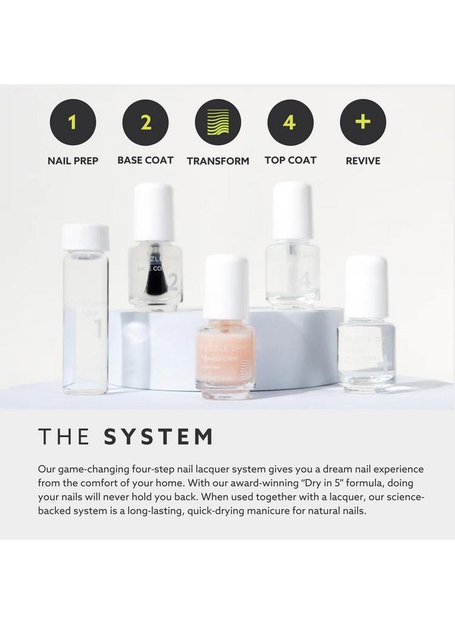 Dazzle Dry Complete Starter Mini Kit | Step 1 - Nail Prep, Step 2 - Base Coat, Step 4 - Top Coat, Transform - Ridge Filler & Revive - Polish & Top Coat Thinner.