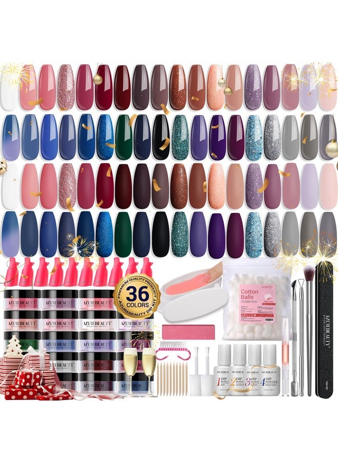 170Pcs Dip Powder Nail Kit, AZUREBEAUTY 36 Colors Brown Purple Christmas New Year Winter Dip Nail Powder Starter Set with Essential Liquid and Removal Accessories Set for French Nail Manicure Salon