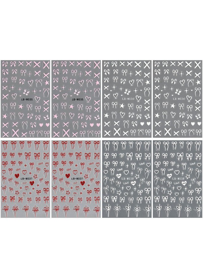 JMEOWIO 8 Sheets Heart Bow Tie Nail Art Stickers Decals Self-Adhesive Pegatinas Uñas Pink Nail Supplies Nail Art Design Decoration Accessories