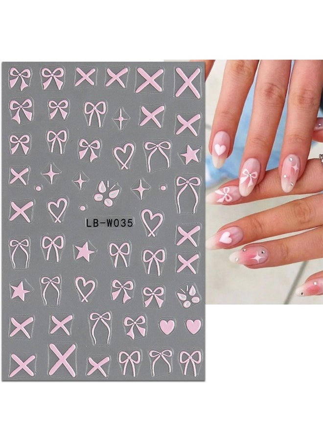 JMEOWIO 8 Sheets Heart Bow Tie Nail Art Stickers Decals Self-Adhesive Pegatinas Uñas Pink Nail Supplies Nail Art Design Decoration Accessories