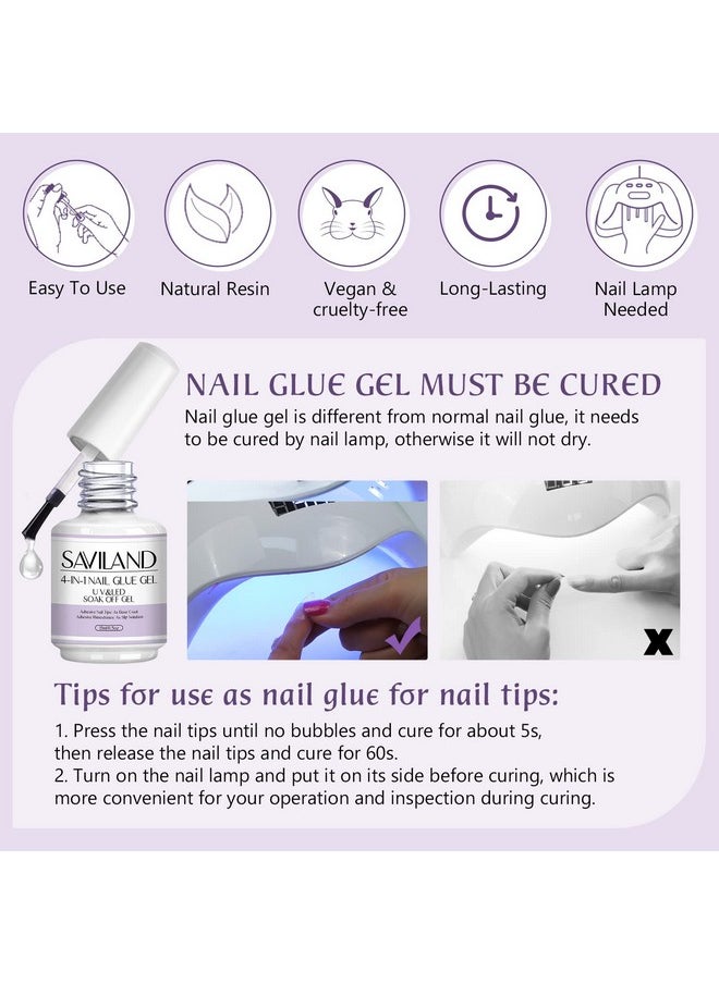 SAVILAND Gel Nail Glue 2 pcs 15 ML, 4-in-1 Nail Glue Gel Set, Upgraded Glue on Nails, Fake Nails & Press on Nails, Gel Base Strengthen for Nails, Replacement for Nail Glue, Nail Repair Treatment
