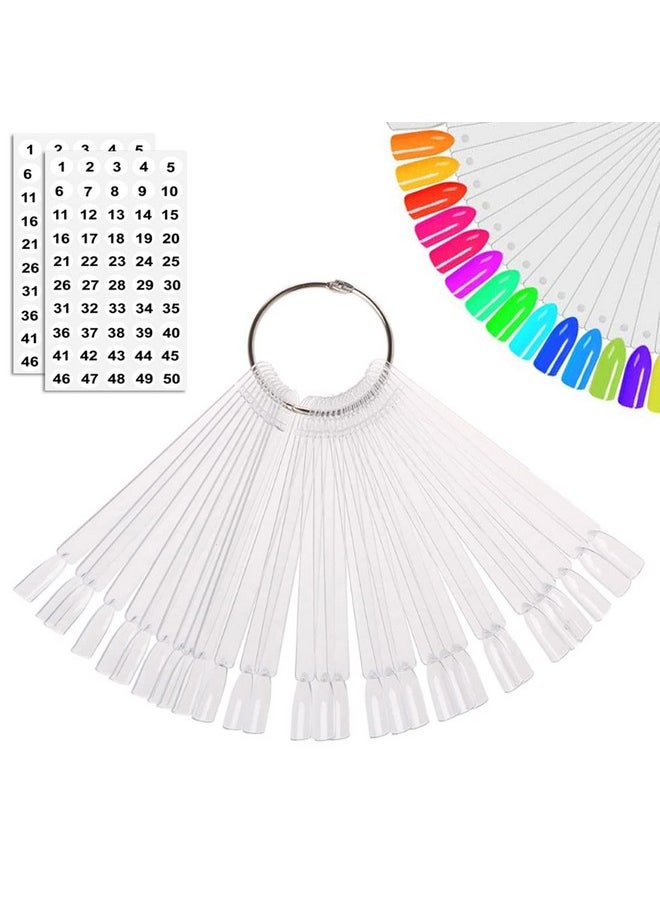 JASSINS 50 Pcs Nail Swatch Sticks with Ring and Numbered Tips - Clear Fan-shaped Display for Nail Art Polish Practice