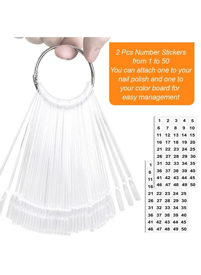 JASSINS 50 Pcs Nail Swatch Sticks with Ring and Numbered Tips - Clear Fan-shaped Display for Nail Art Polish Practice