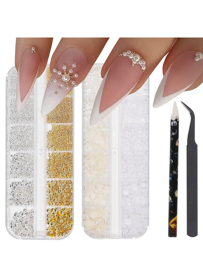 HNUIX Nail Art Charms - Metal Silver & Gold Beads, Flat back Round Rhinestones, Small Nail Pearls, 3D Mixed Sizes Decorations for Nails