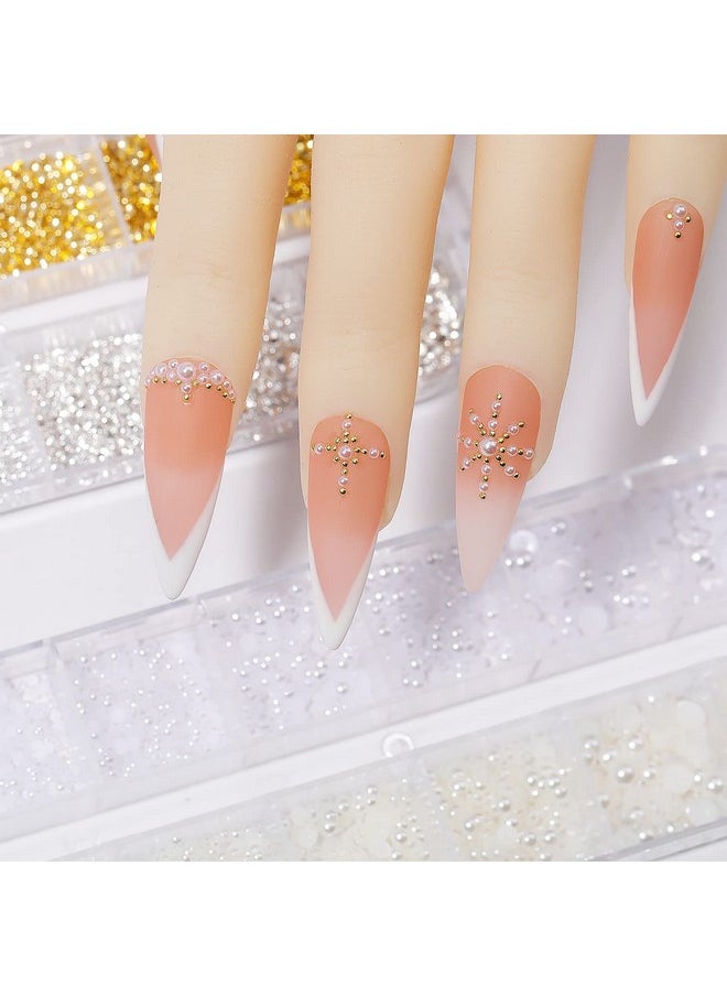 HNUIX Nail Art Charms - Metal Silver & Gold Beads, Flat back Round Rhinestones, Small Nail Pearls, 3D Mixed Sizes Decorations for Nails