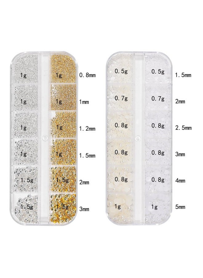 HNUIX Nail Art Charms - Metal Silver & Gold Beads, Flat back Round Rhinestones, Small Nail Pearls, 3D Mixed Sizes Decorations for Nails
