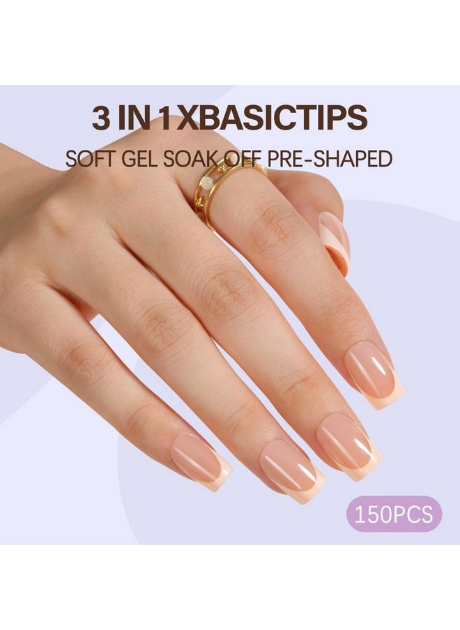 Misssix XBASICTIPS French Tip Press On Nails, 150Pcs French Gel Nail Tips Short Square, Soft Gel Pre-shaped No Need to File 3 in 1 Tips, Fake Nails for Nail Art DIY Extension Designs 15 Sizes