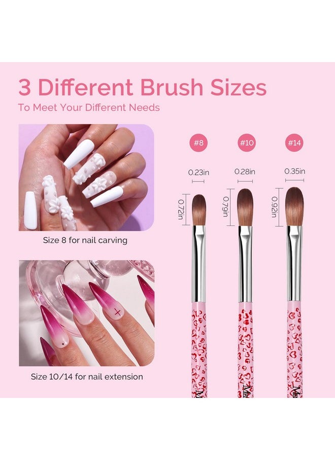 MelodySusie 3Pcs Acrylic Nail Brush Set, Size 8/10/14 Professional Nail Brushes for Acrylic Application Acrylic Powder Nail Art Extension and 3D Nail Carving for DIY Home Salon Nail Art Tool Pink
