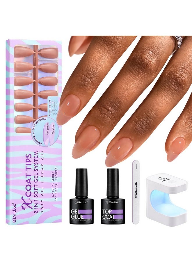BTArtbox Almond Nail Tips - Brown Soft Gel Nail Kit with 150 pcs Medium Fake Nails, Gel Nail Glue, Top Coat, Nail Lamp, Pre-colored Press on Nails for Valentines Day Gift