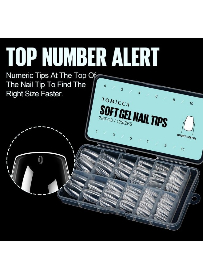 TOMICCA Coffin Acrylic Nails - Clear Short Coffin Nails, 216Pcs Fake False Nails for Nail Extension, Soft Gel Press on Nails for Beginners and Professional