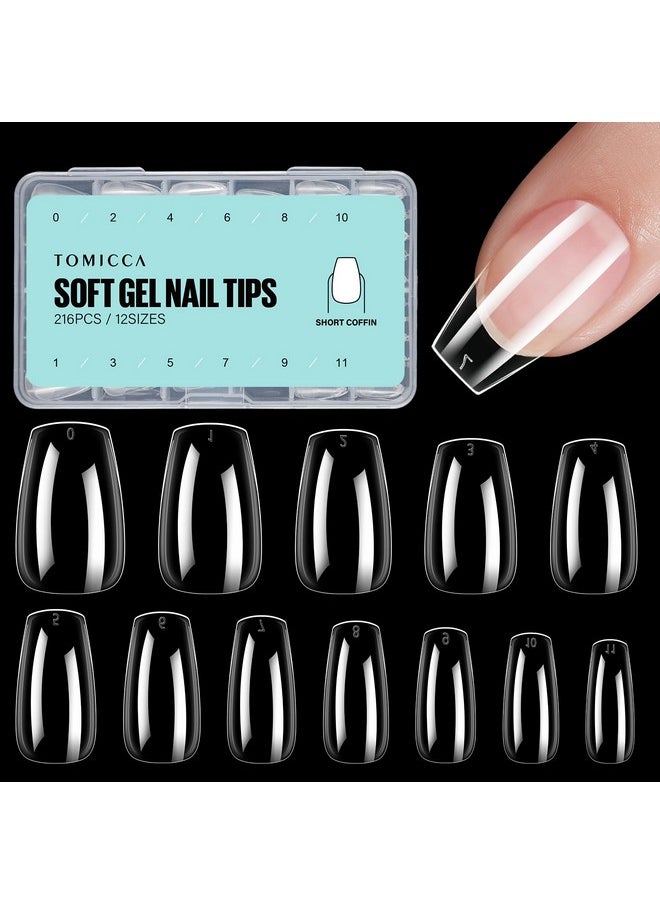 TOMICCA Coffin Acrylic Nails - Clear Short Coffin Nails, 216Pcs Fake False Nails for Nail Extension, Soft Gel Press on Nails for Beginners and Professional