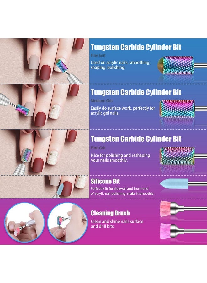 25Pcs Nail Drill Bits Set with Pink Holder and 50Pcs 8 Colors Sanding Bands, Tungsten Carbide Ceramic Diamond 3/32 inch Nail Drill Bits Remove Acrylic Poly Nail Gel Nail Polish
