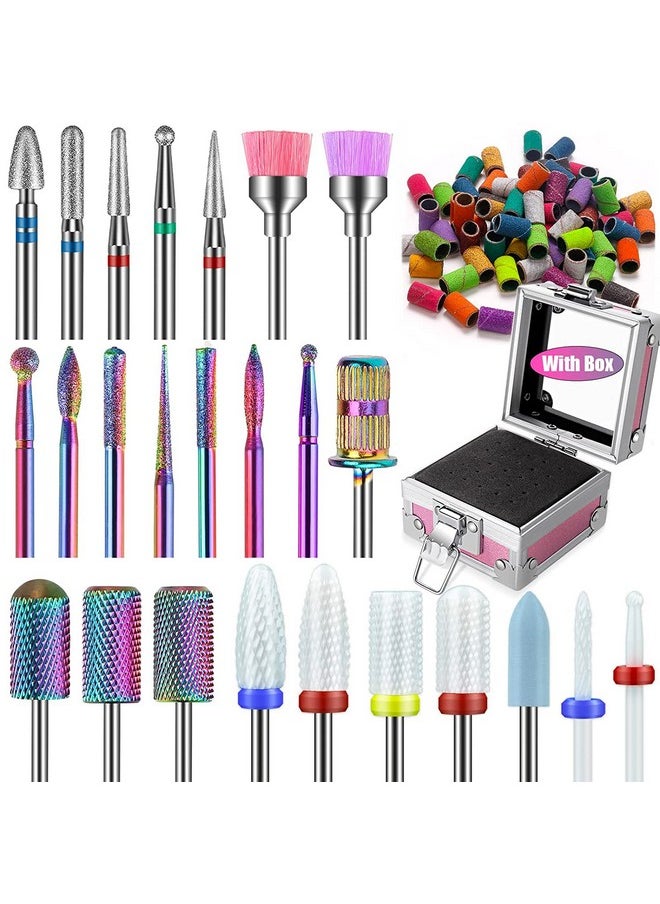 25Pcs Nail Drill Bits Set with Pink Holder and 50Pcs 8 Colors Sanding Bands, Tungsten Carbide Ceramic Diamond 3/32 inch Nail Drill Bits Remove Acrylic Poly Nail Gel Nail Polish