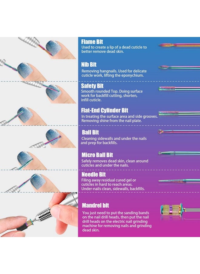 25Pcs Nail Drill Bits Set with Pink Holder and 50Pcs 8 Colors Sanding Bands, Tungsten Carbide Ceramic Diamond 3/32 inch Nail Drill Bits Remove Acrylic Poly Nail Gel Nail Polish