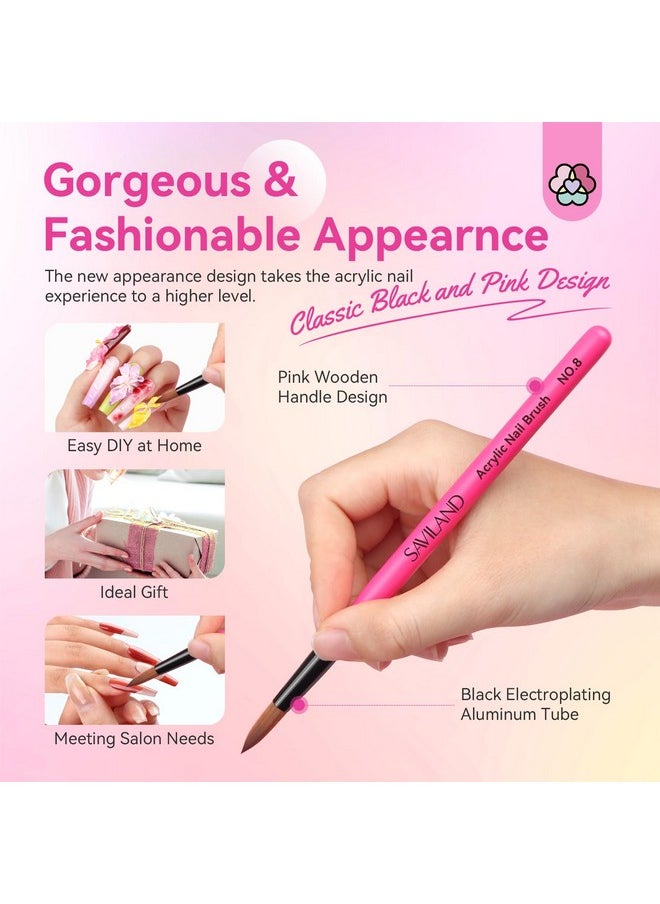 SAVILAND Acrylic Nail Brushes Set: Sizes 8, 10, 14 Nail Brushes for Professional Acrylic Powder Applications, Nails Extension, 3D Carving for Home Salon DIY Nail Art Brush Manicure Acrylic Tools Pink