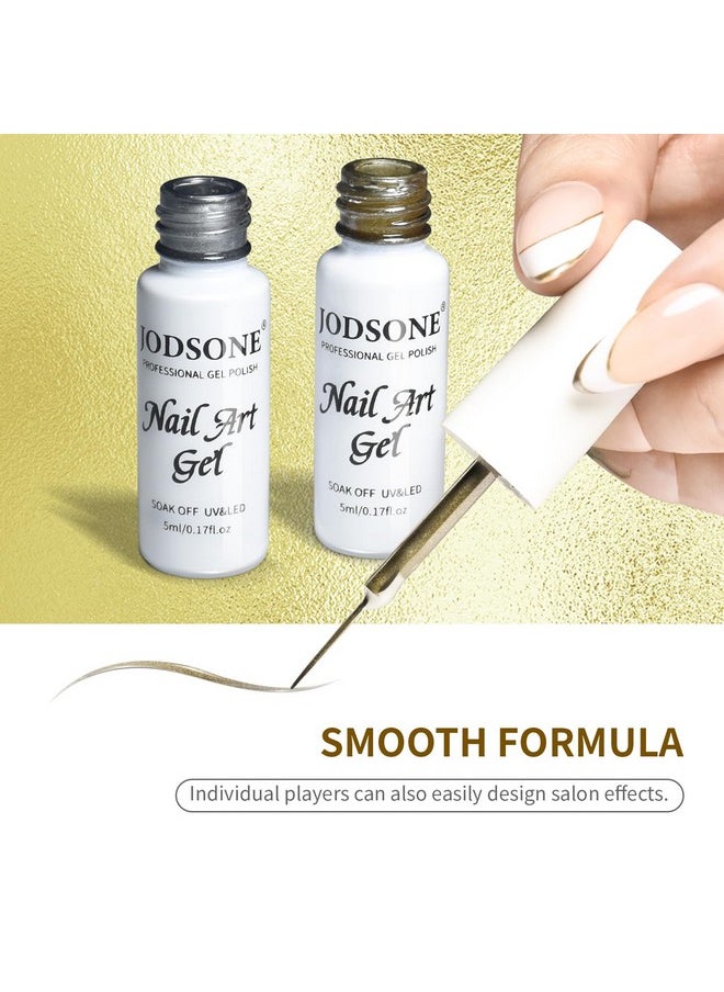 JODSONE 2pcs Metallic Nail Art Gel Liner Gold Mirror Chrome and Silvery 3D Effect Gel Nail Polish Thin Brush Metal Painted DIY at Home Salon Quality Gift for Women