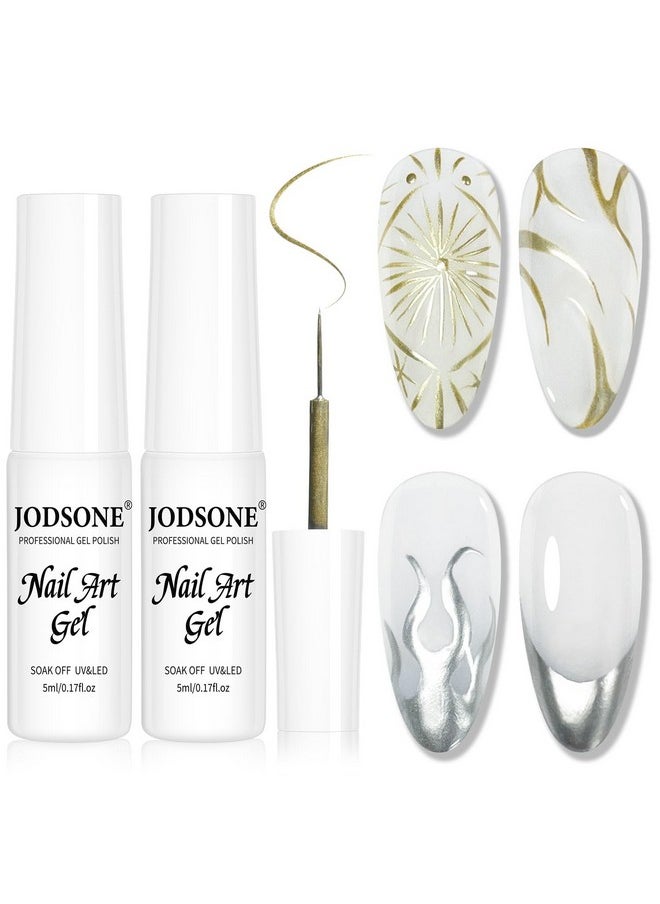 JODSONE 2pcs Metallic Nail Art Gel Liner Gold Mirror Chrome and Silvery 3D Effect Gel Nail Polish Thin Brush Metal Painted DIY at Home Salon Quality Gift for Women