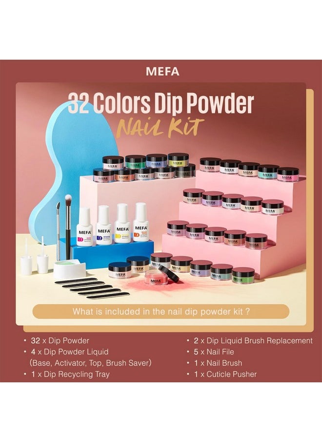 MEFA Dip Powder Nail Kit Pink Glitter Clear Nude White 32 Colors Dipping Powder with Base Top Coat Activator Brush Saver Liquid Set Nail Powder Tray, All Seasons Tones French Nail Art Manicure