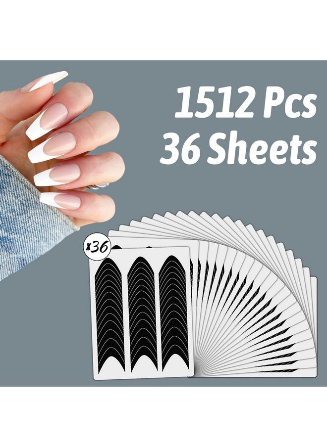 36 Sheets 1512 Pcs French Tip Nail Guides, Self-Adhesive French Smile Manicure Strip Stickers for Edge Auxiliary Black DIY Decoration Stencil Tools(Moon Shape Design)