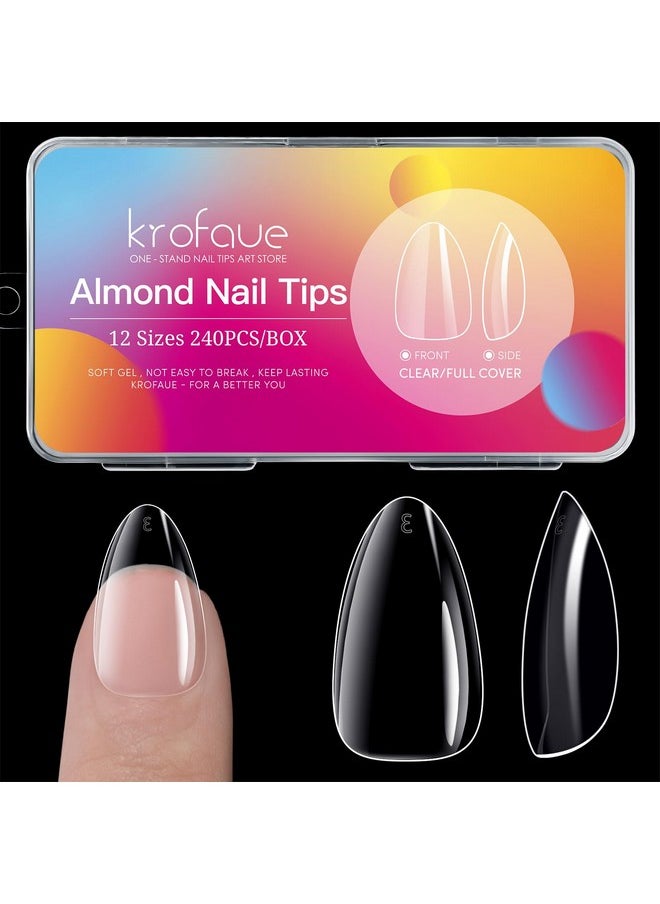 krofaue Short Almond Nails - 240Pcs Almond Clear Nail Tips 12 Sizes Almond Nail Tips, Artificial Acrylic False Nails, Full Cover Press on Nails Almond for Home DIY & Nail Tips Art