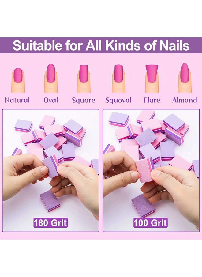 CGBE Nail Buffer, Buffer Block Nail File 100/180 Grit, Mini Nail Buffers Block Sponge Double Sided Nail File for Acrylic Nails Manicure Tools 50PCS (Pink-Purple)