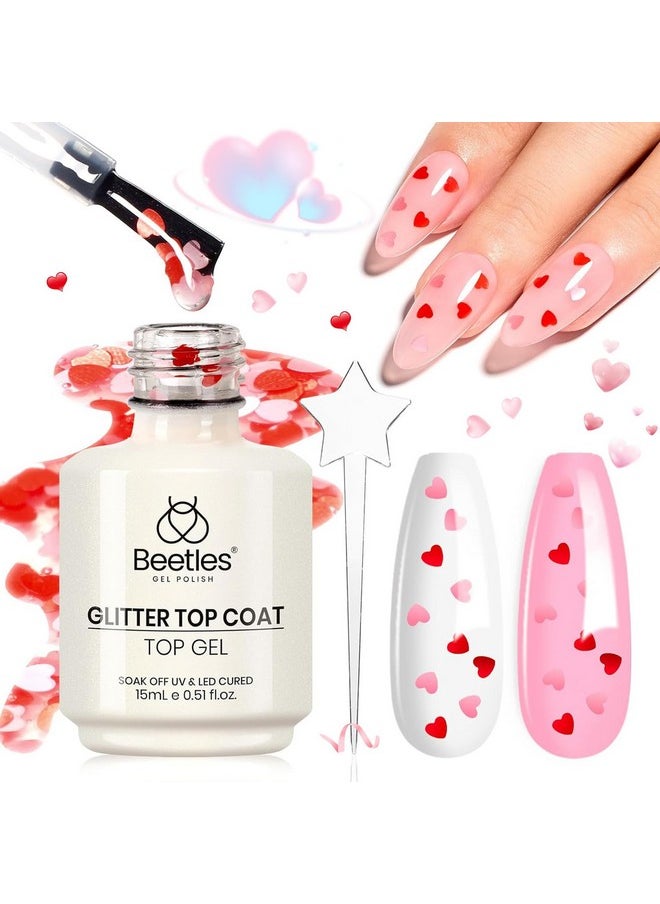 Beetles Gel Polish 15ML Clear Pink Color Gel Top Coat With Pink & Red Heart Shape Valentines Day Gifts for Mom, Glass Polish Soak Off UV No Wipe Gel Top Coat Reflective Glitter for Sparkle Nails