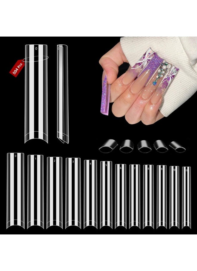 Quaferen Clear Square Nail Tips, 504PCS 3XL Long No C Curve Nail Tips Square, Half Cover Flat Tapered Square Straight Gel Acrylic Nail Tips False Nails for DIY Nail Art Salon