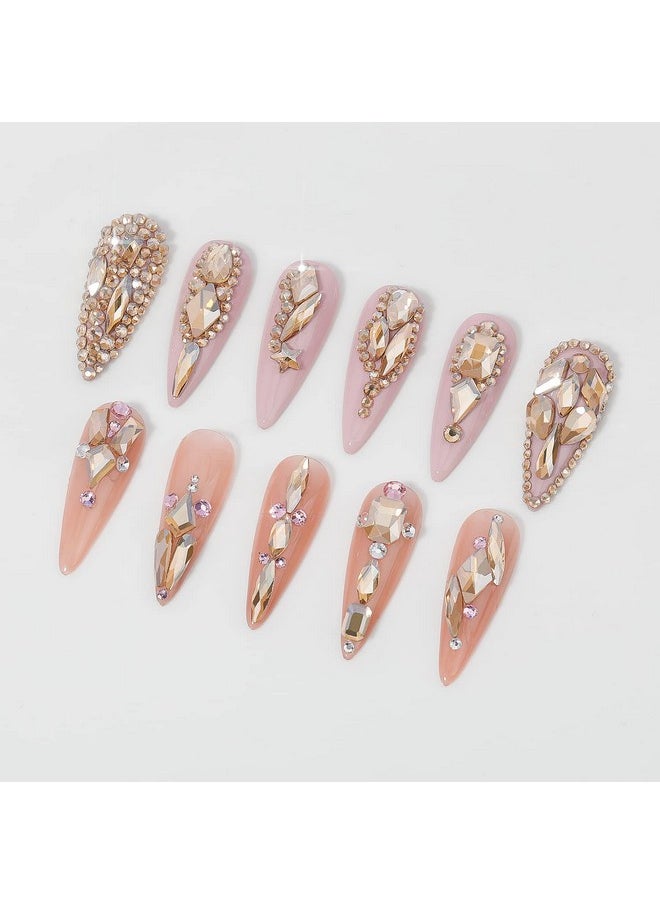 HNUIX Nail Rhinestones - 2920pcs 3D Multi Shape Size Crystal, Champagne Gold Nail Gems, Flat Back, with Kit, for Nail Art, DIY Decorations