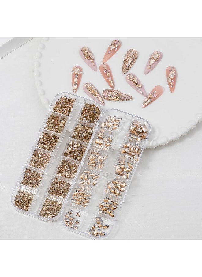 HNUIX Nail Rhinestones - 2920pcs 3D Multi Shape Size Crystal, Champagne Gold Nail Gems, Flat Back, with Kit, for Nail Art, DIY Decorations
