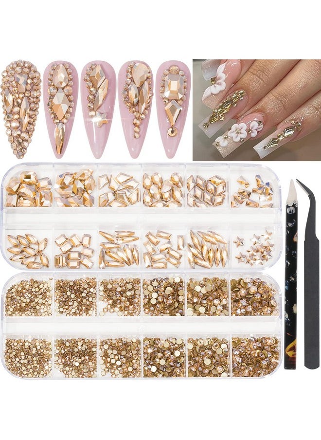 HNUIX Nail Rhinestones - 2920pcs 3D Multi Shape Size Crystal, Champagne Gold Nail Gems, Flat Back, with Kit, for Nail Art, DIY Decorations