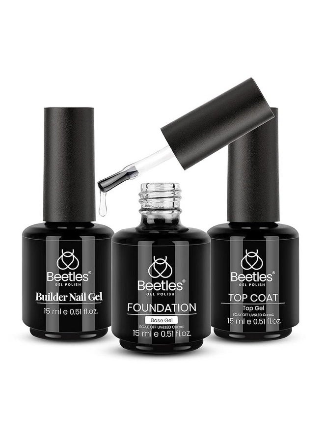 Beetles 3Pcs 15ml Top and Base Coat Builder Nail Gel Set No Wipe Gel Top Coat Base Gel Builder Extension Gel for Nails Shine Finish and Long Lasting Nail Protection Valentine's Day Gift for Women