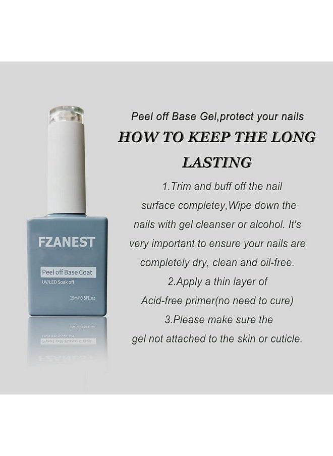 FZANEST Peel Off Gel Base Coat For Gel Nail Polish,15ml UV LED Light Peelabel Base Gel Polish Non Toxic Vegan Cruelty Free