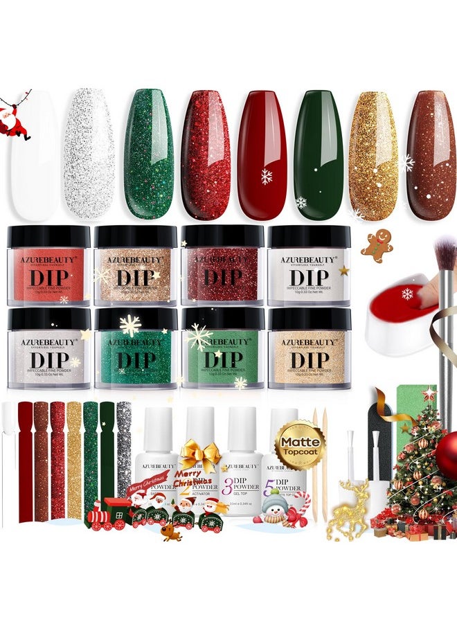 AZUREBEAUTY 30Pcs Dip Powder Nail Kit Starter, 8 Colors Green Red Gold Silver White with Nail Sticks, Nail Art Liquid Set with Matte/Base/Top Coat Activator for French Manicur
