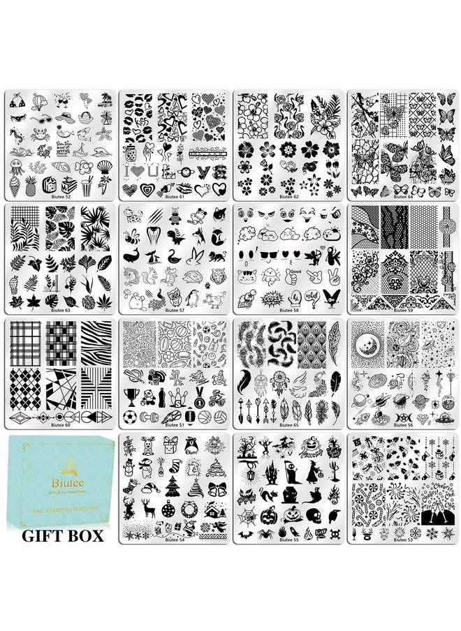 Biutee Nail Stamping Plates Set 15 pcs Nail Art Stamper Scraper Storage Bag Gift Box Nail Stamp Template Kit Lace Flower Butterfly Star Holiday Valentine Design Nail Image Plate