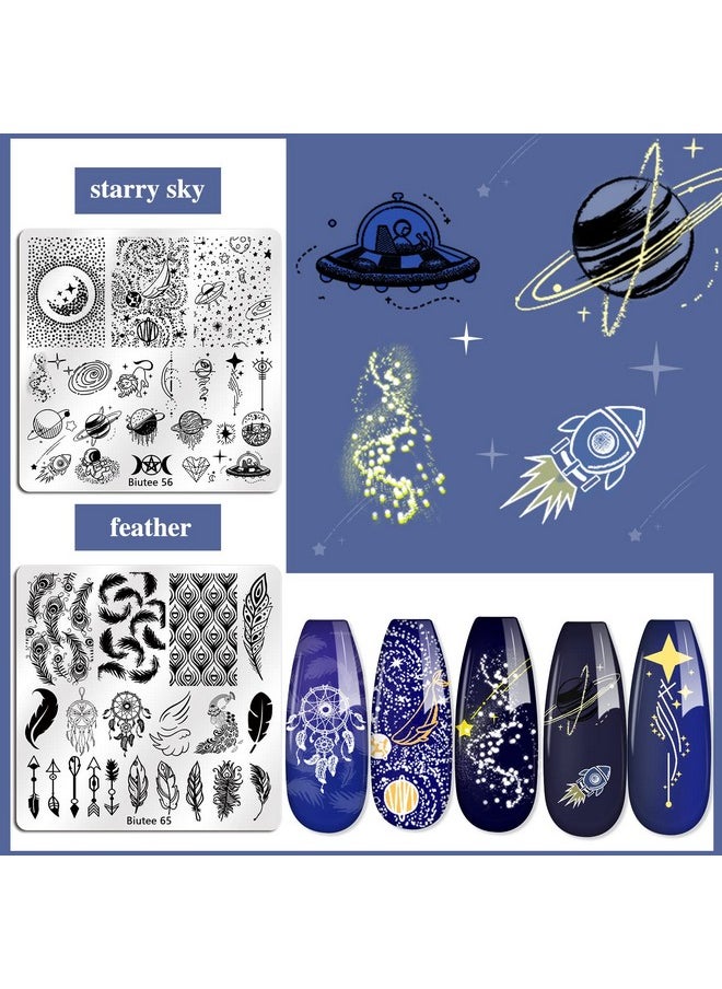 Biutee Nail Stamping Plates Set 15 pcs Nail Art Stamper Scraper Storage Bag Gift Box Nail Stamp Template Kit Lace Flower Butterfly Star Holiday Valentine Design Nail Image Plate