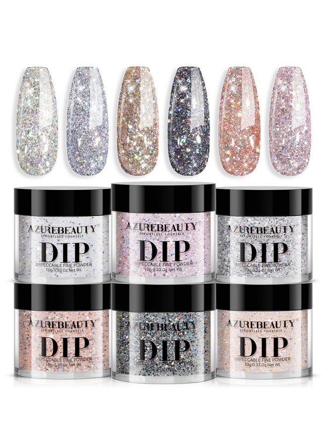 AZUREBEAUTY Dip Powder Nail Set, Silver Pink Black Golden Yellow Glitter Sparkly Shiny Chrome Platinum, 6 Colors All Seasons Dipping Powder Starter Kit Nail Art Manicure Salon, No Need Nail Lamp Cured